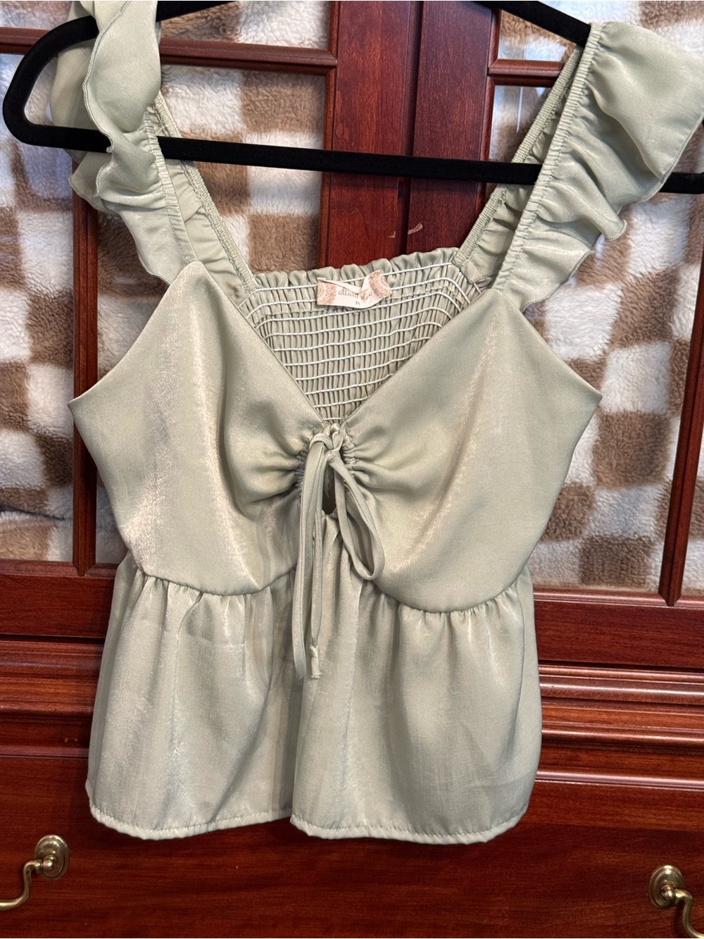 Altar'd State Sage Green Ruffle Strap Tie-Front Camisole